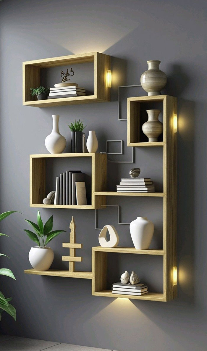 Dùng kệ gỗ trang trí tường